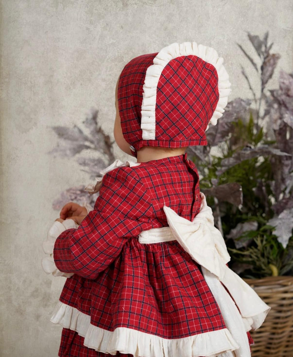 AW25 DBB Baby Girls Red Check Dress with Matching Knickers and Bonnet
