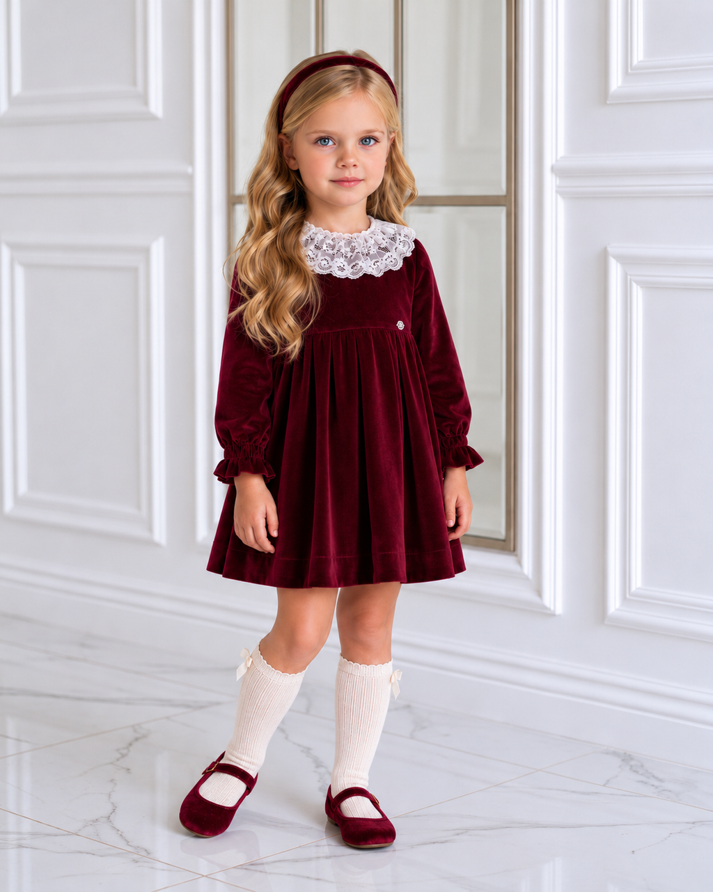 AW26 Miranda Girls Burgundy Velvet & Lace Dress