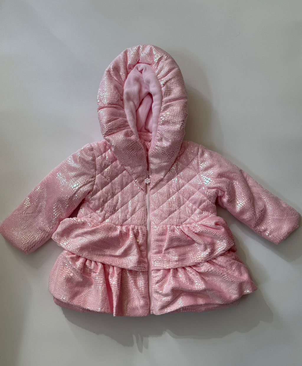 Girls Iridescent Winter Coat Fleece Lined with Hood, Sizes 3M to 5Y, White or Pink