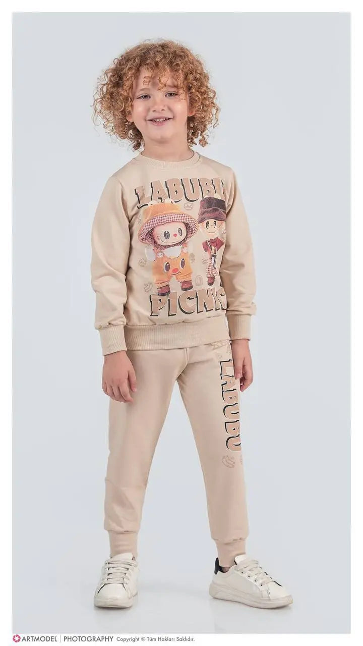 Unisex Labubu Style Tracksuit Set Printed Sweatshirt and Joggers Beige