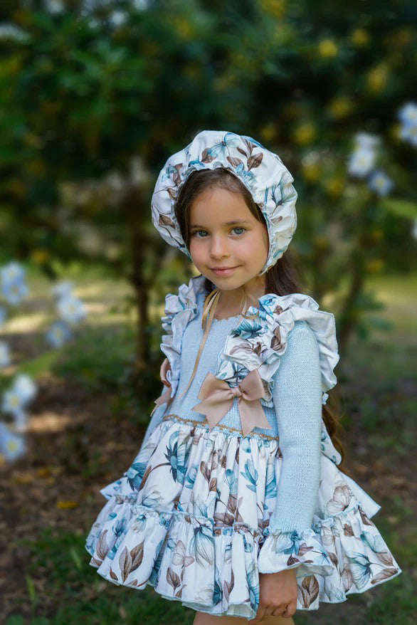 AW25 Ela Confeccion Girls Blue Floral Dress & Matching Bonnet