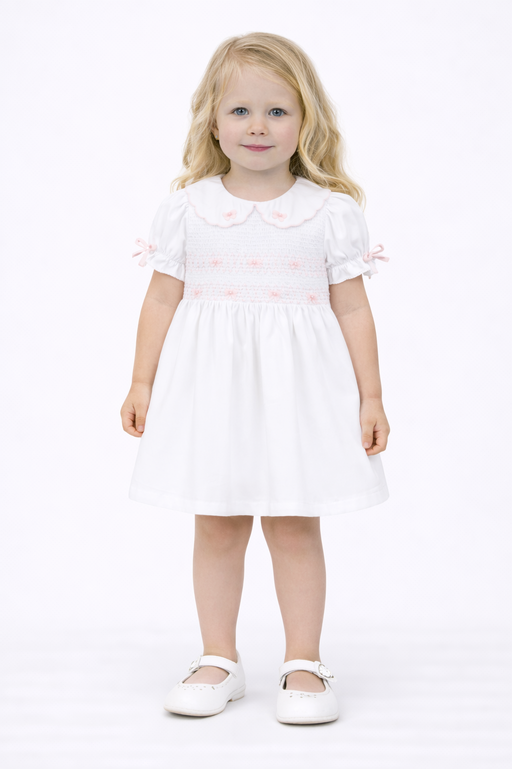 SS26 Deolinda Girls White & Pink Smocked Dress