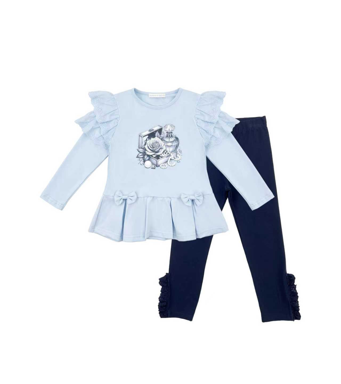 Girls’ Blue Ruffle Top and Leggings Set Jewellery Box & Floral Design