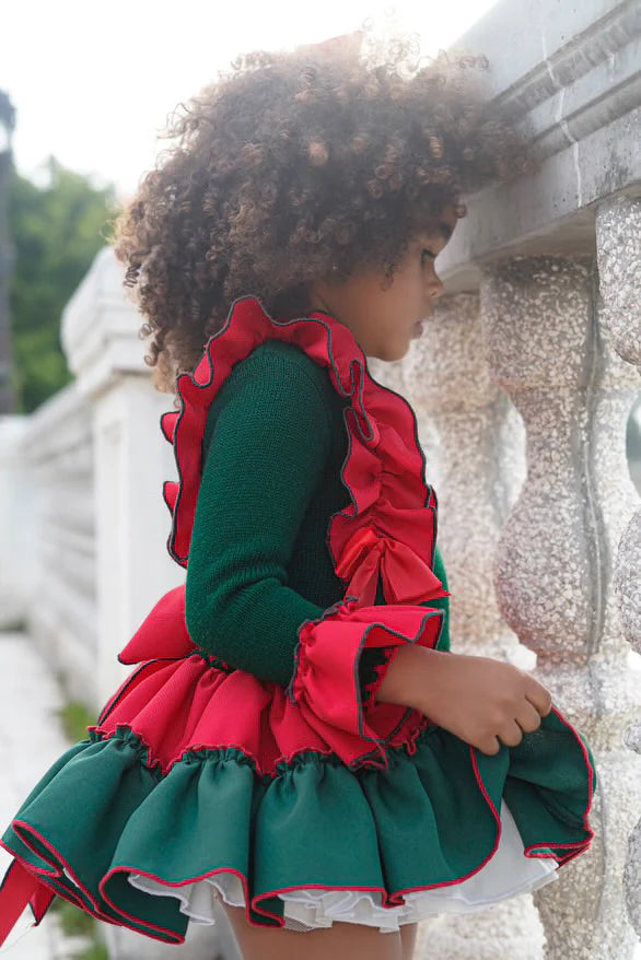 AW25 Ela Confeccion Girls Green and Red Dress Matching Knickers