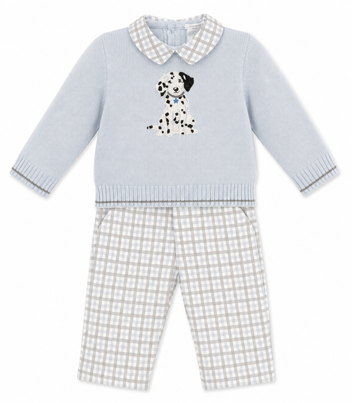 AW26 Boys Deolinda Blue Knit Dalmatian Sweater & Check Trouser Set