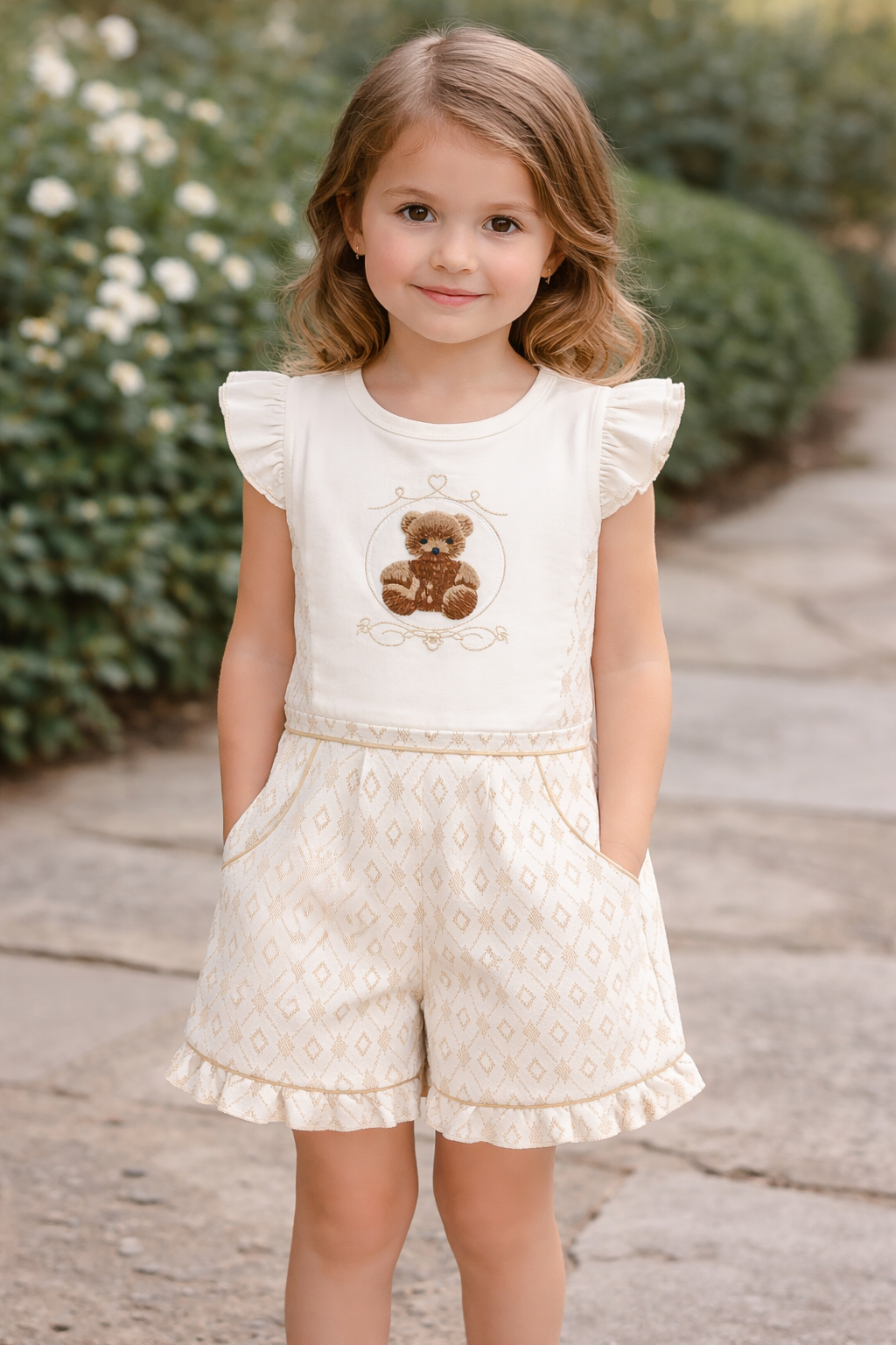 Beau Kid Girls Beige & White Shorts Set