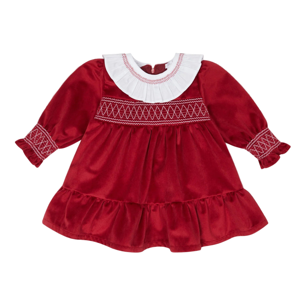 AW25 Deolinda Girls Red Velour Smocked Dress