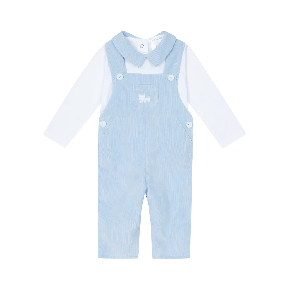AW25 Deolinda Boys White and Blue Train Dungaree Set