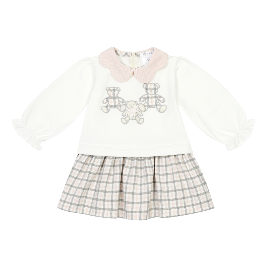 AW26 Deolinda Girls Ivory Teddy Bear Pink Check Dress