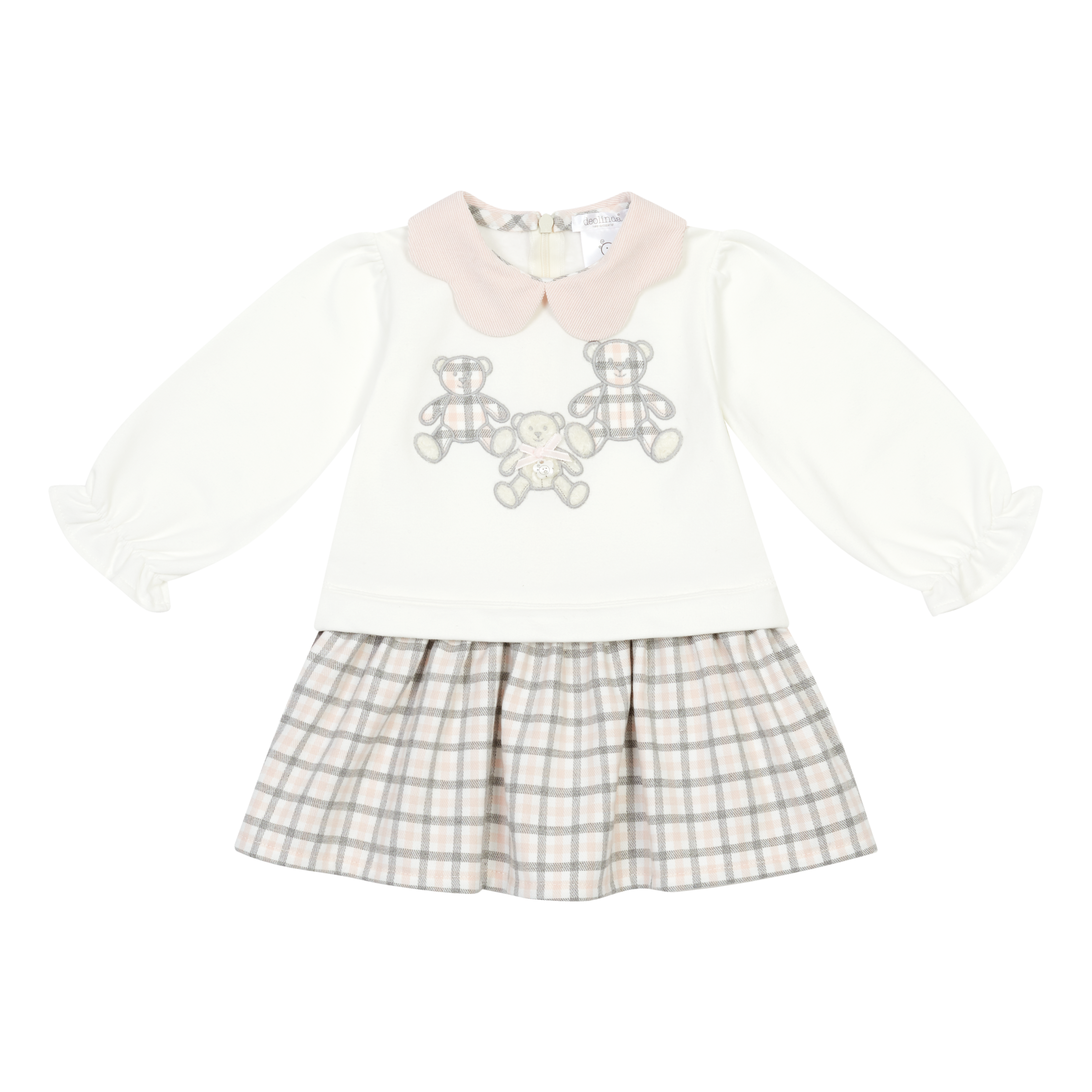 AW26 Deolinda Girls Ivory Teddy Bear Pink Check Dress