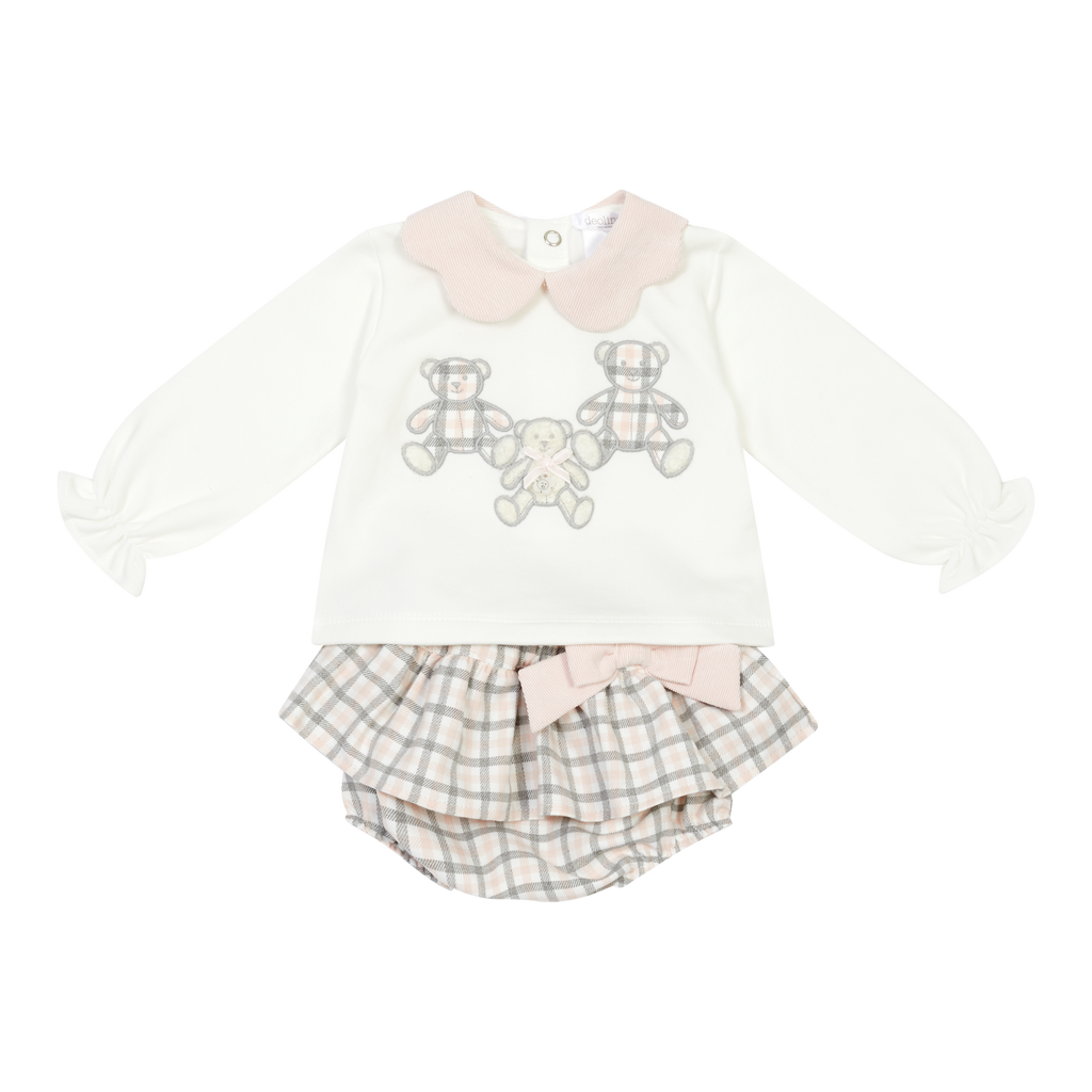 AW26 Deolinda Ivory & Pink Teddy Bear Top & Check Bloomer Two-Piece Set