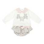 AW26 Deolinda Ivory & Pink Teddy Bear Top & Check Bloomer Two-Piece Set