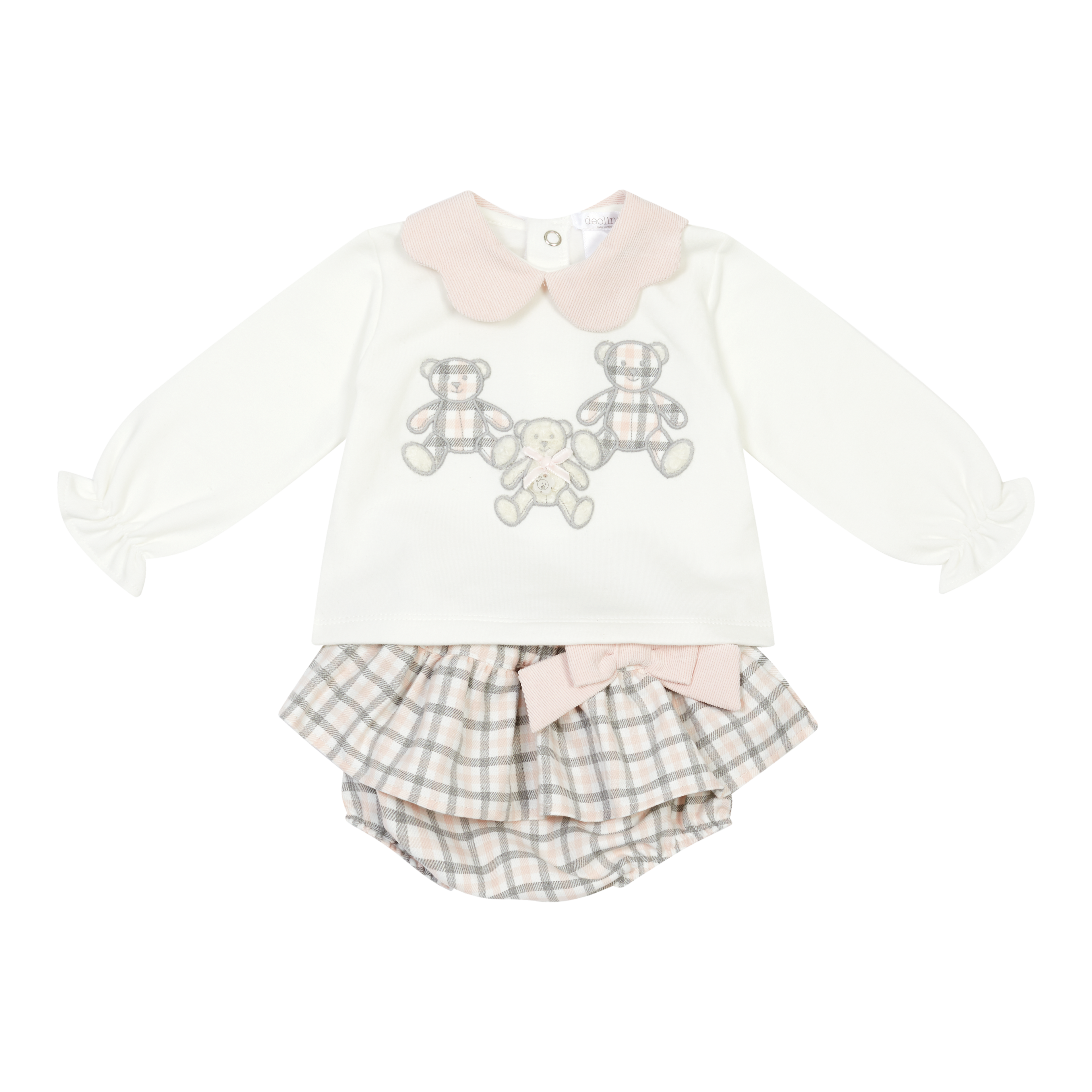 AW26 Deolinda Ivory & Pink Teddy Bear Top & Check Bloomer Two-Piece Set
