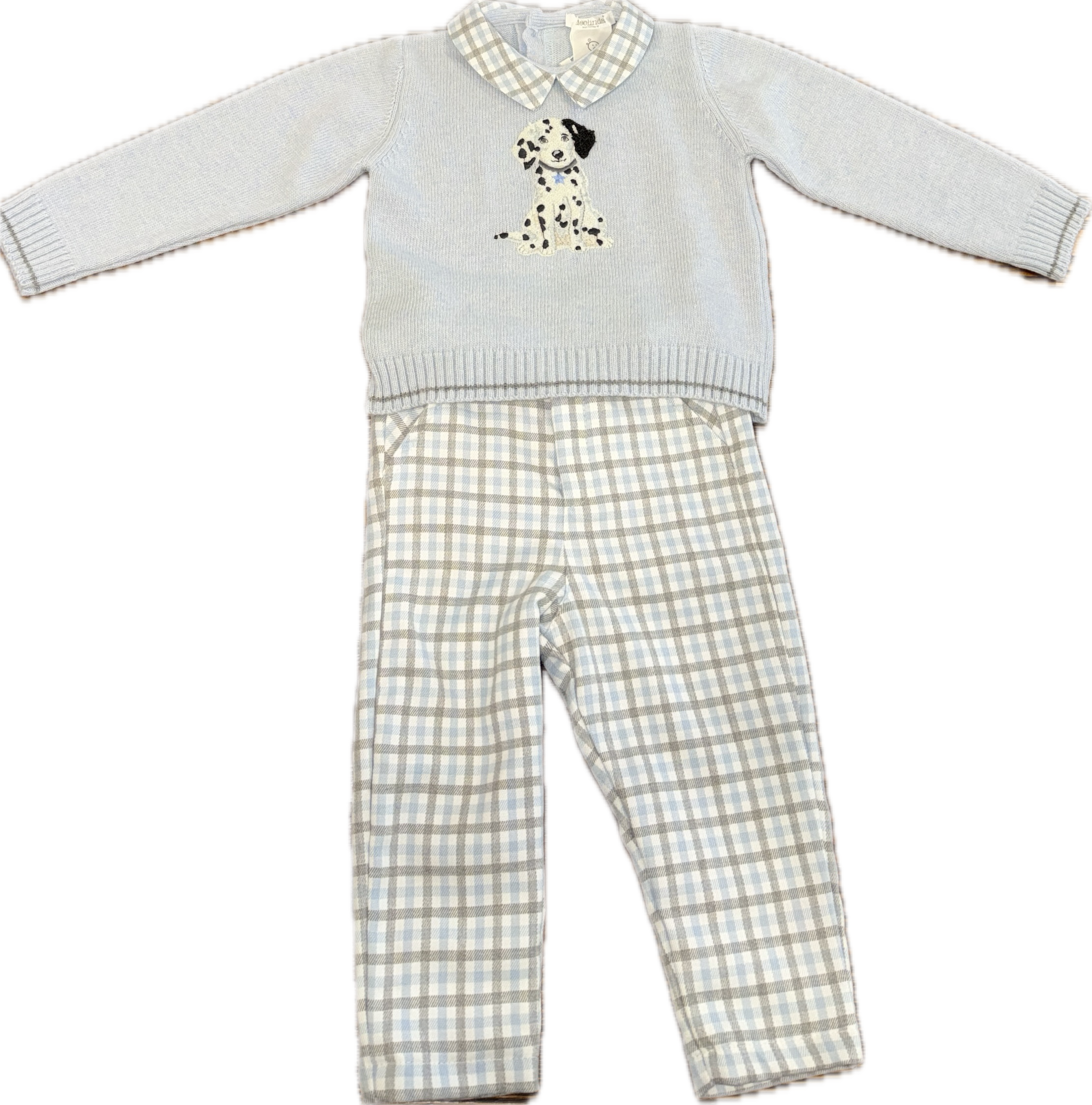 AW26 Boys Deolinda Blue Knit Dalmatian Sweater & Check Trouser Set