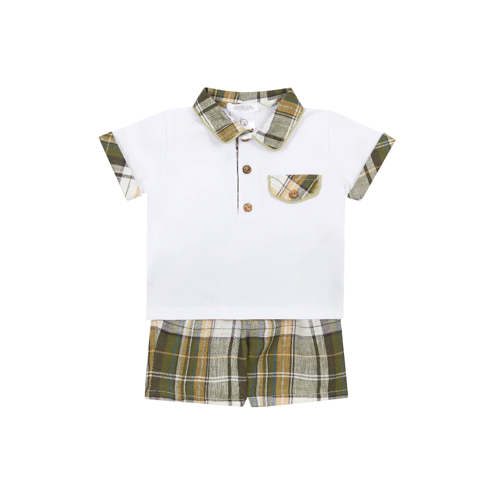 Deolinda Boys Olive Check Polo & Shorts Set