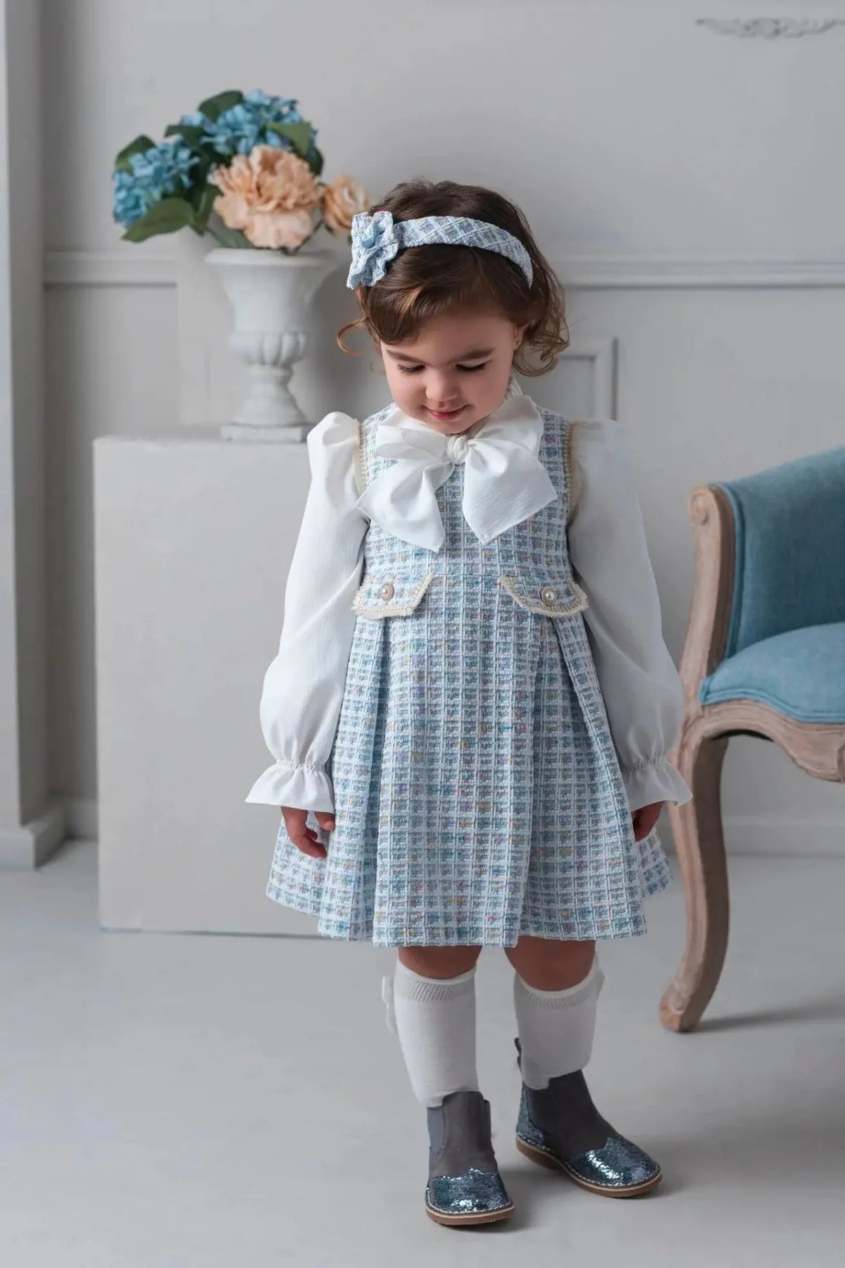 PRE ORDER AW25 Rochy Girls Blue Tweed Pinafore Dress & Blouse 26721
