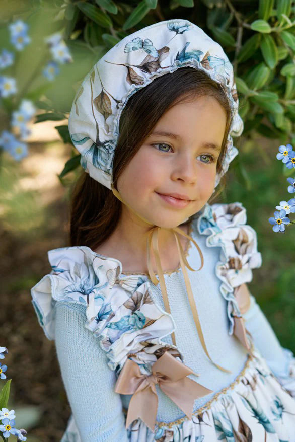 AW25 Ela Confeccion Girls Blue Floral Dress & Matching Bonnet