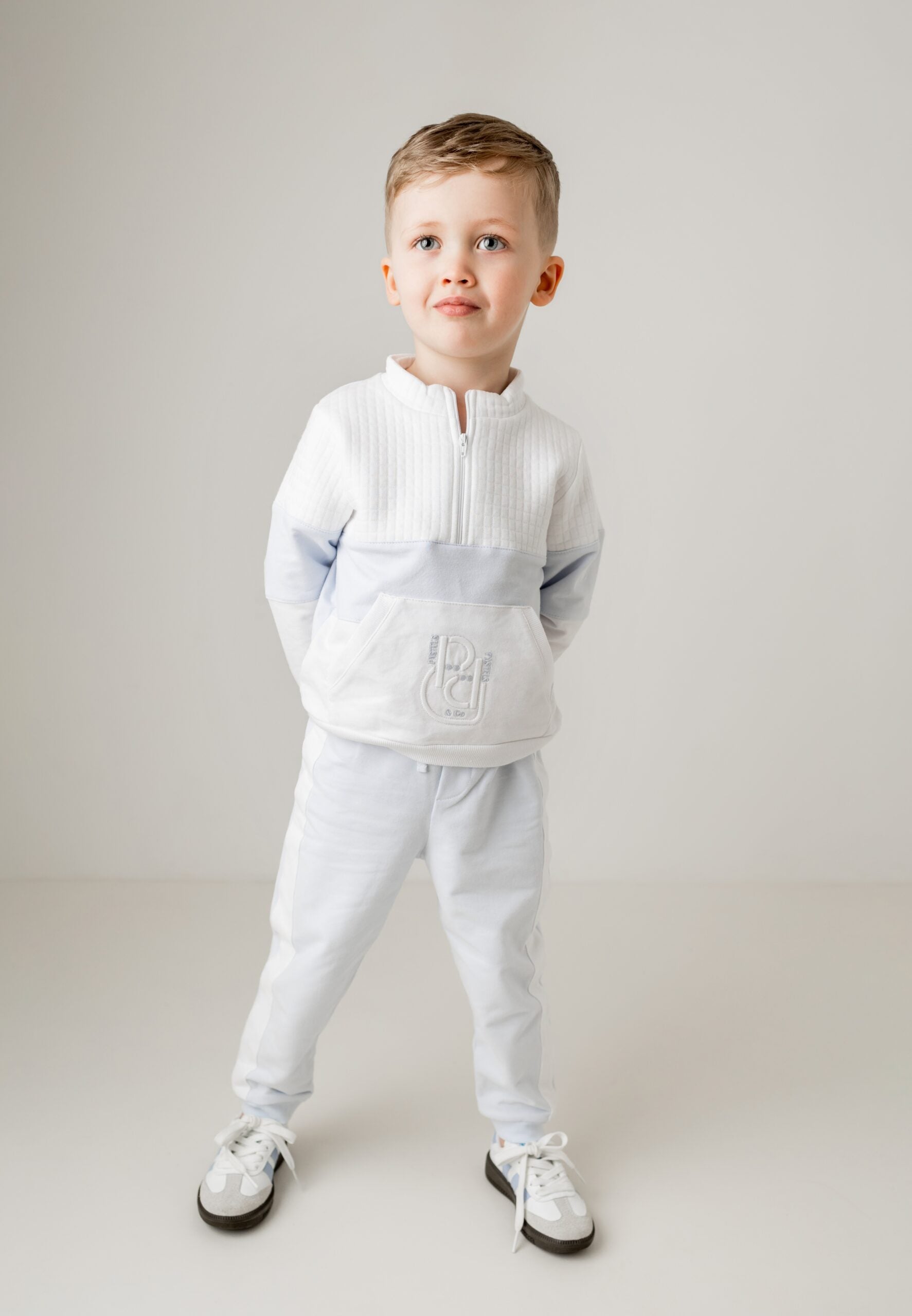 Pastels & Co Boys White and Blue Tracksuit Set with Half Zip Top - Harvey