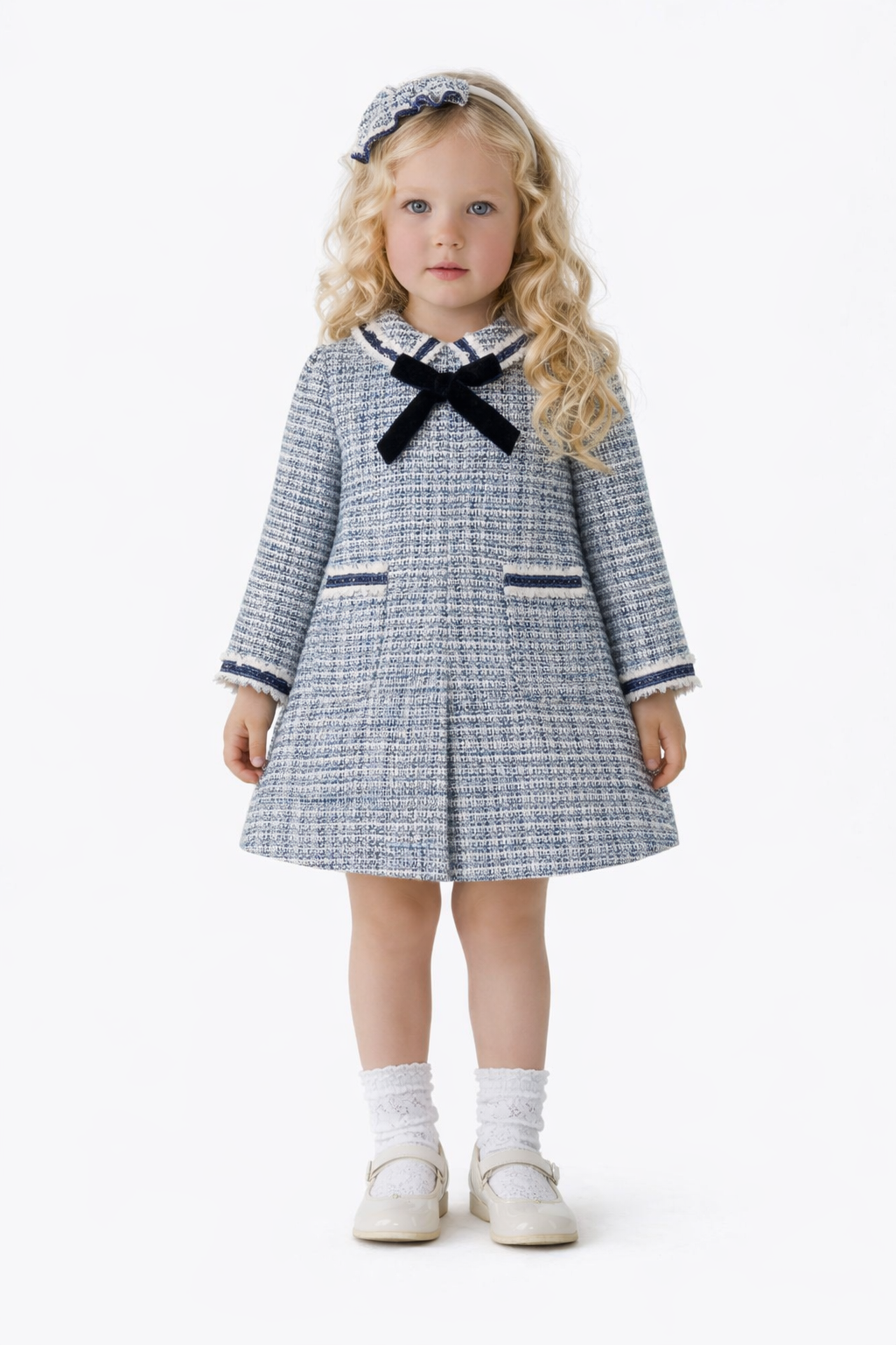 AW25 Miranda Baby Girls Navy Tweed Dress with Bow Detail