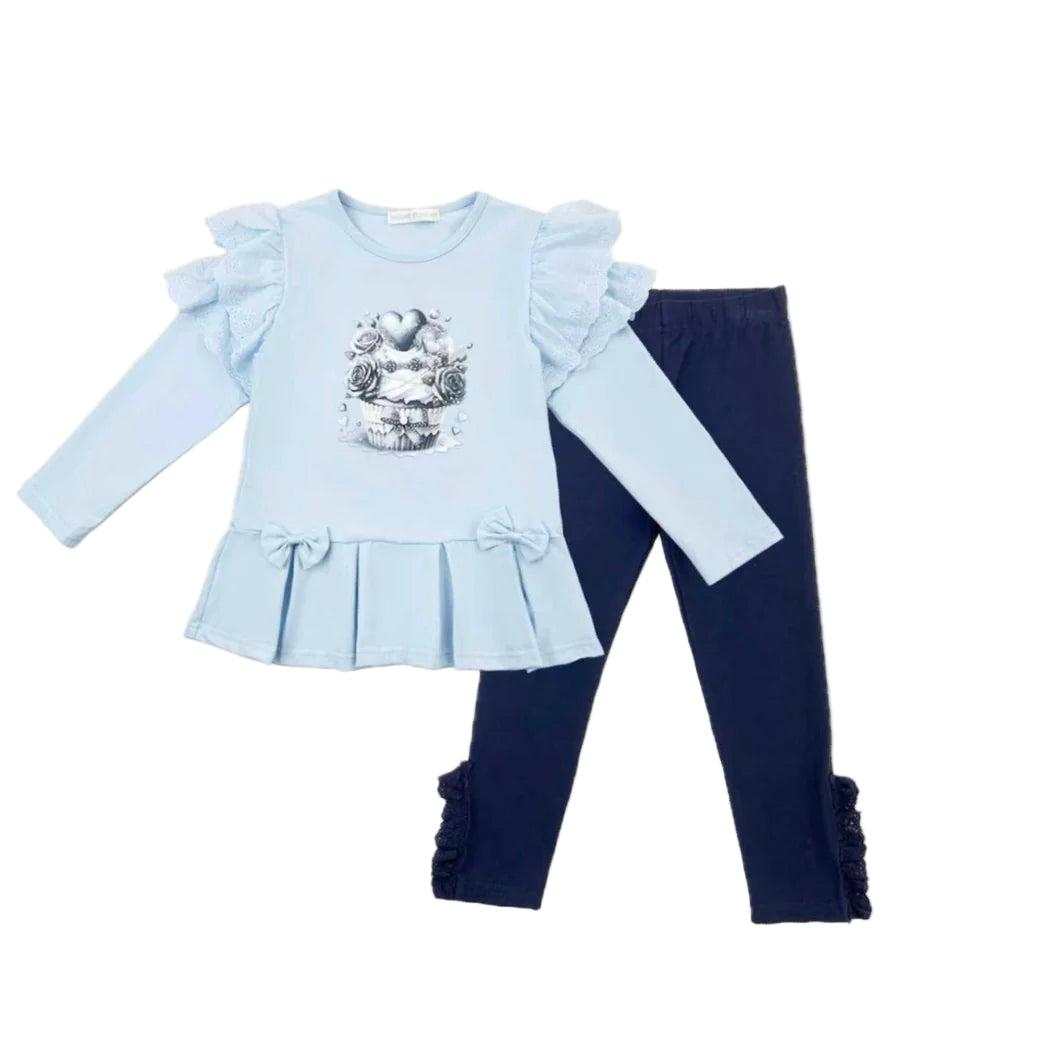 Girls Blue Ruffle Top and Legging Set Cupcake Design