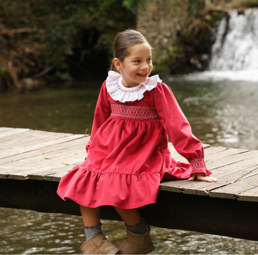 AW25 Deolinda Girls Red Velour Smocked Dress