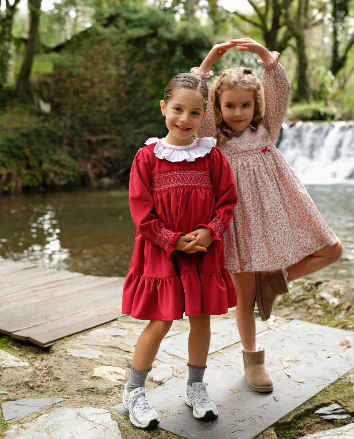 AW25 Deolinda Girls Red Velour Smocked Dress