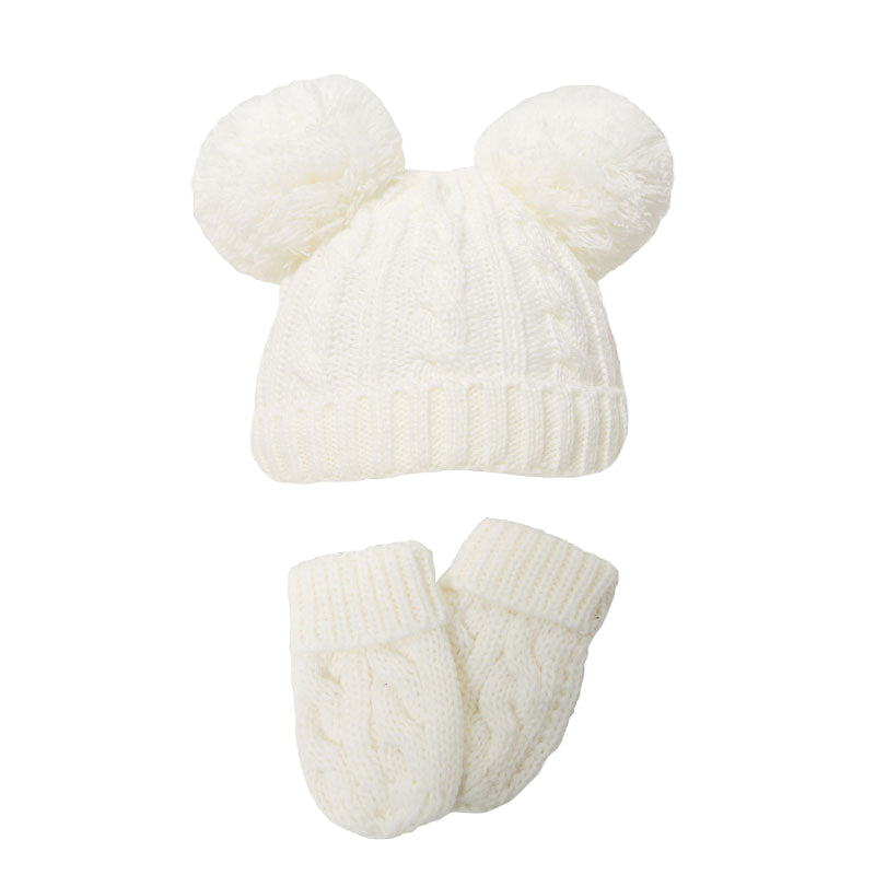 Unisex Baby Cable Knit Double Pom Hat & Mittens Set