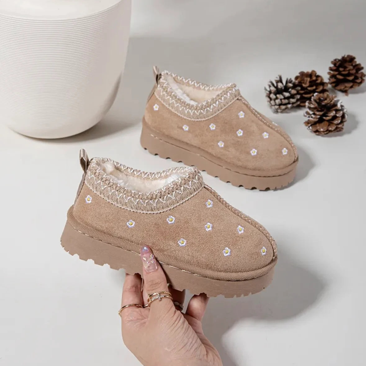 Girls Beige Daisy Embroidered Slip On Ankle Boots