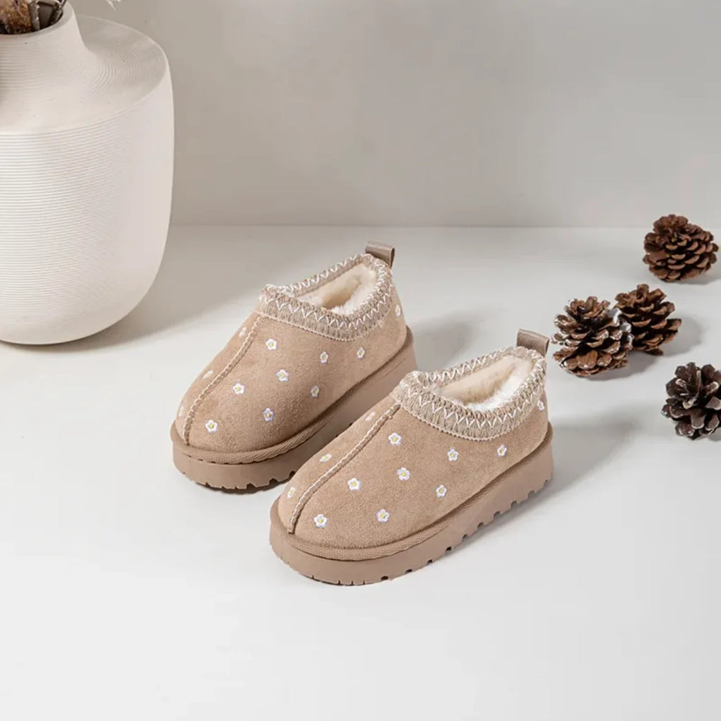 Girls Beige Daisy Embroidered Slip On Ankle Boots