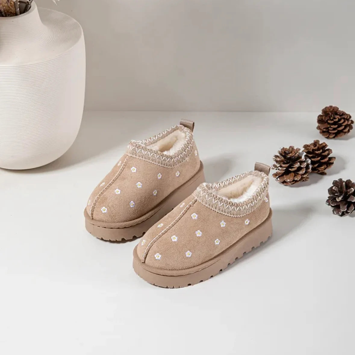 Girls Beige Daisy Embroidered Slip On Ankle Boots