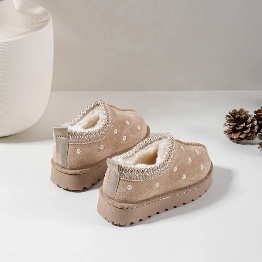 Girls Beige Daisy Embroidered Slip On Ankle Boots