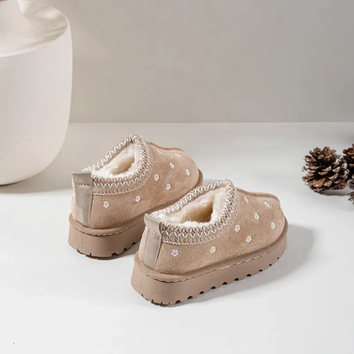 Girls Beige Daisy Embroidered Slip On Ankle Boots