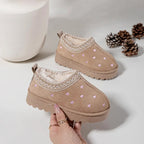 Girls Beige Heart Embroidered Slip On Ankle Boots