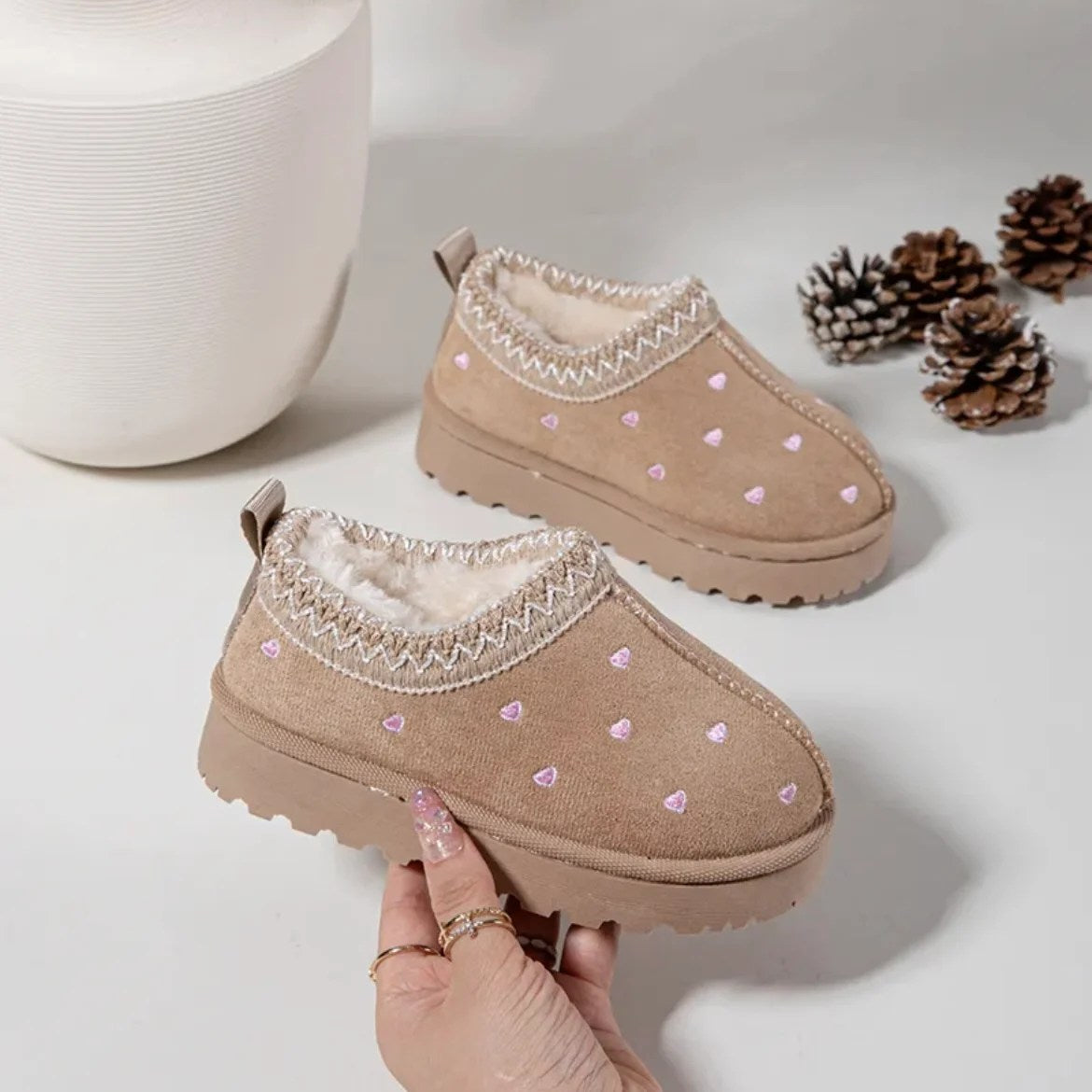 Girls Beige Heart Embroidered Slip On Ankle Boots