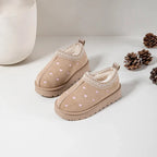 Girls Beige Heart Embroidered Slip On Ankle Boots