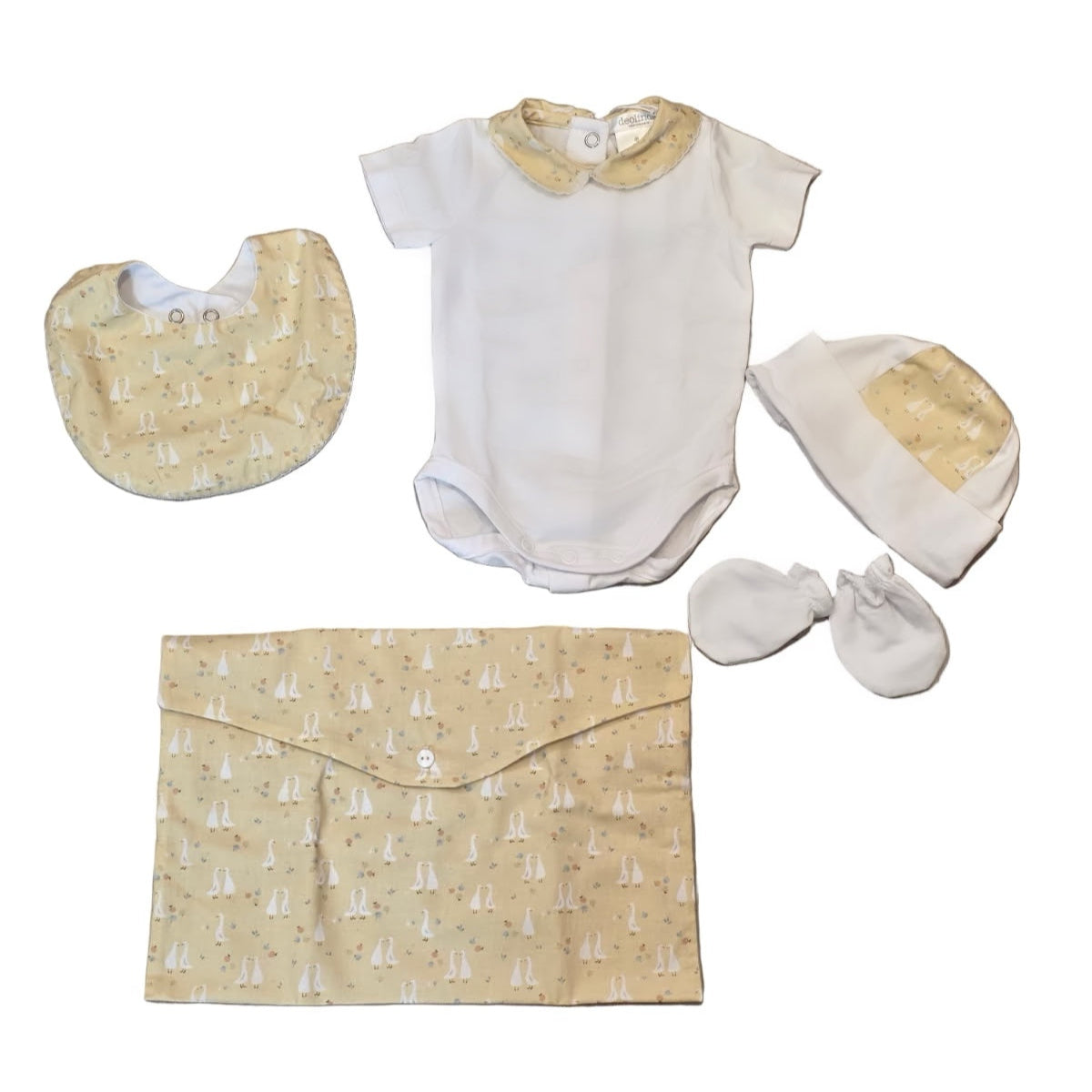 Deolinda Unisex White & Lemon Vest, Hat, Bib, Mittens and Pouch Box Set DBV231203
