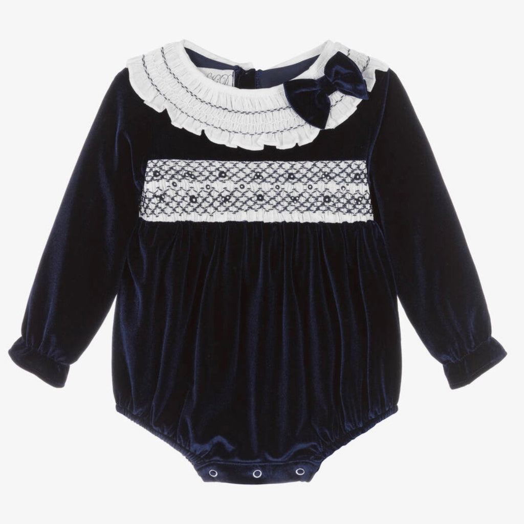 Beau KiD Baby Girls Navy Blue Velvet Romper