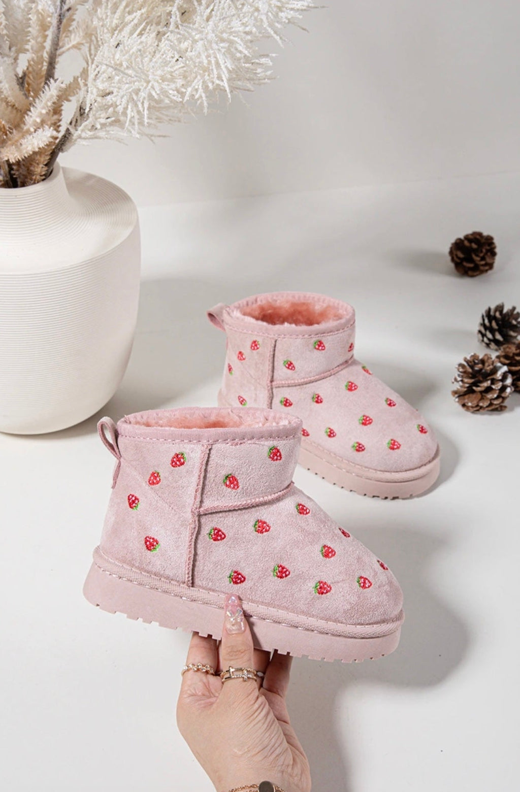 Girls Pink Strawberry Embroidered Ankle Boots
