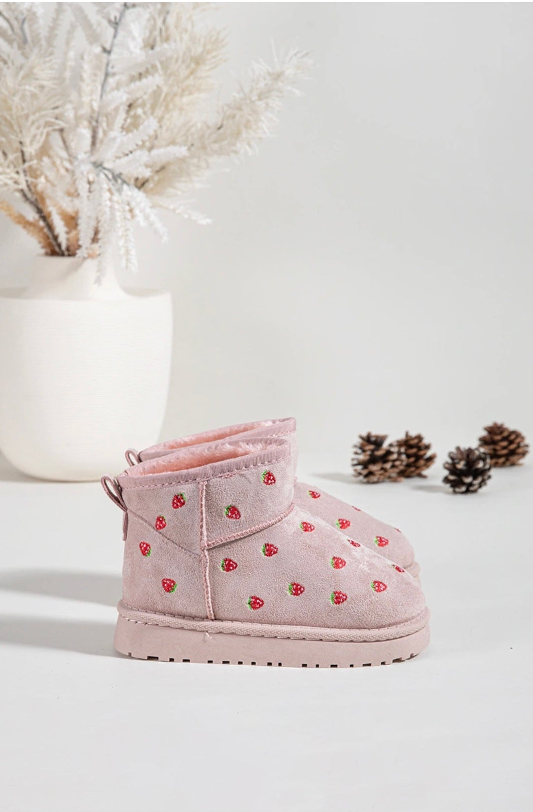 Girls Pink Strawberry Embroidered Ankle Boots
