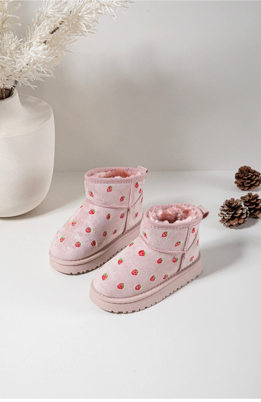 Girls Pink Strawberry Embroidered Ankle Boots