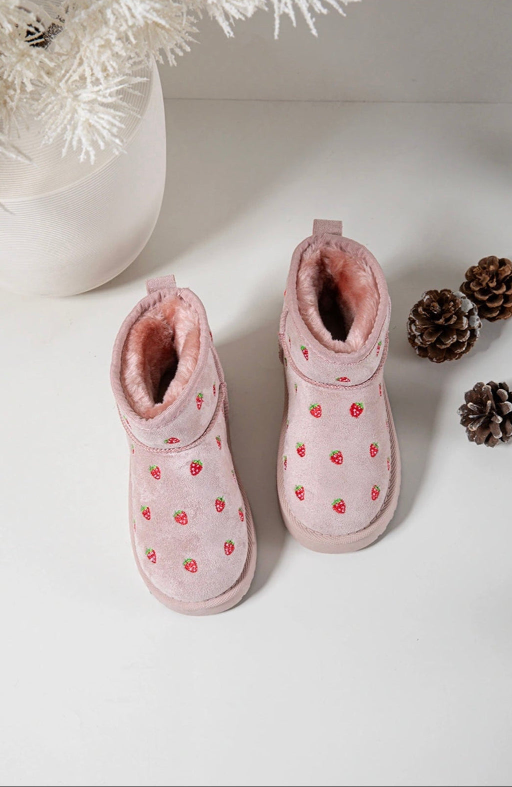 Girls Pink Strawberry Embroidered Ankle Boots