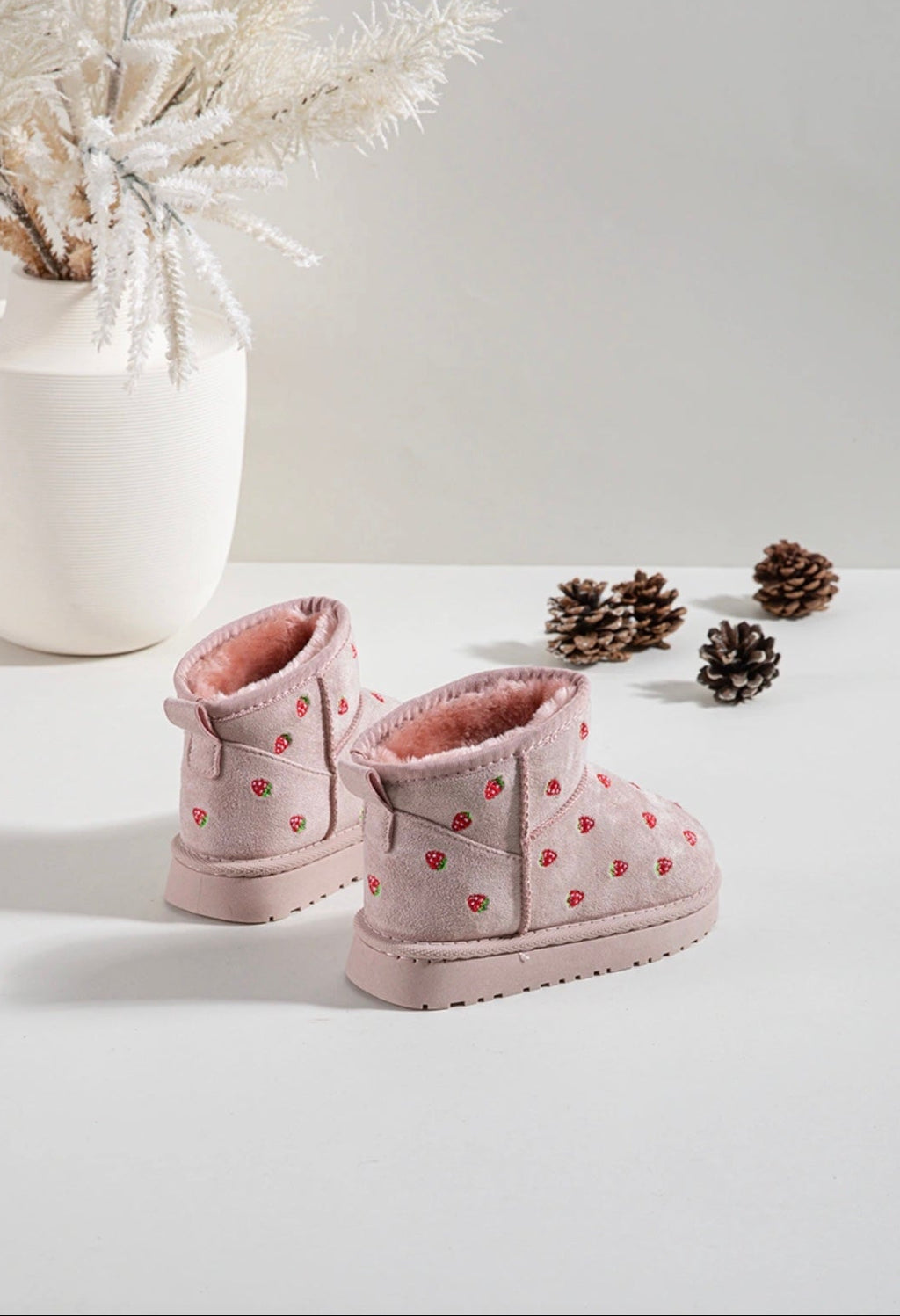 Girls Pink Strawberry Embroidered Ankle Boots