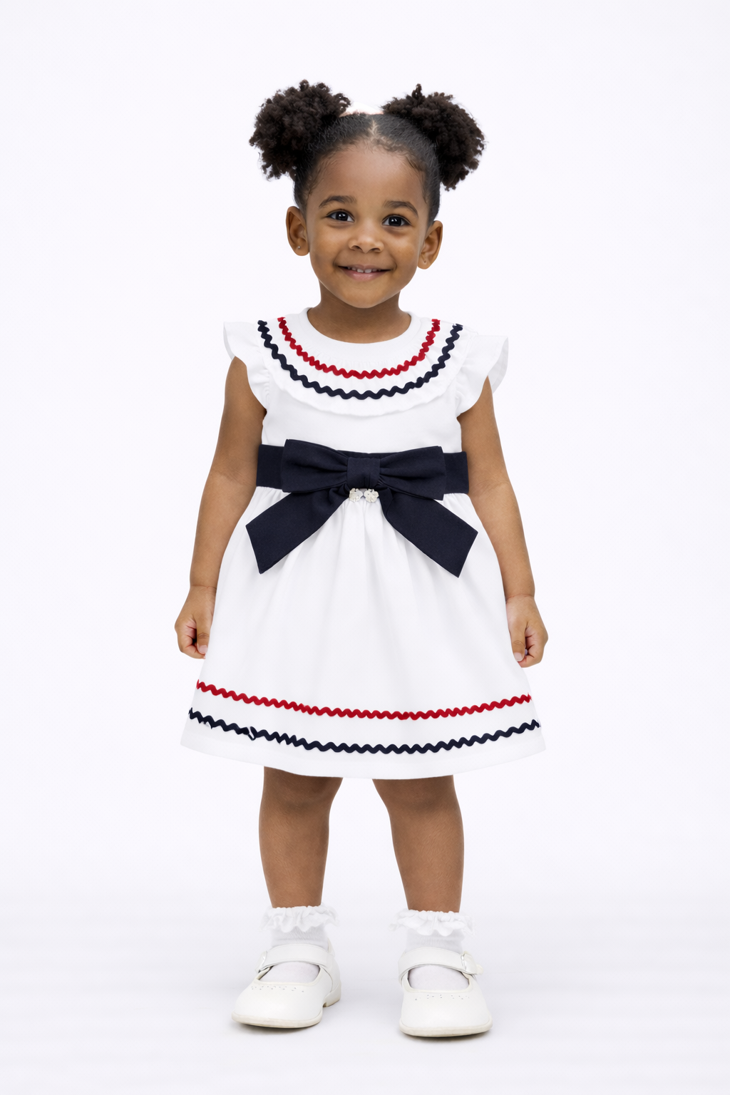 SS26 Deolinda Girls White & Navy Bow Dress