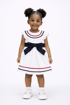 SS26 Deolinda Girls White & Navy Bow Dress
