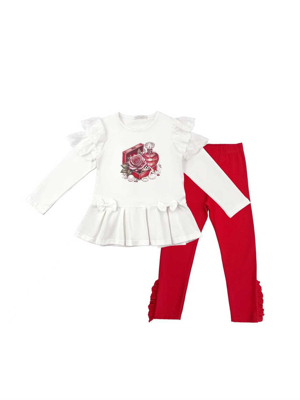 Girls Red & White Ruffle Top and Legging Set Jewellery Box & Floral Design