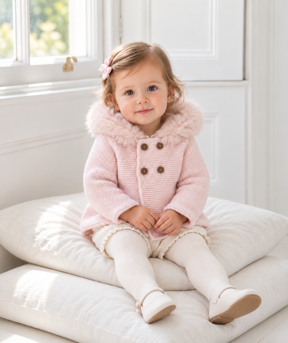 AW26 Mac Illusion Baby Girl Pink Knitted Jacket with Fur Hood