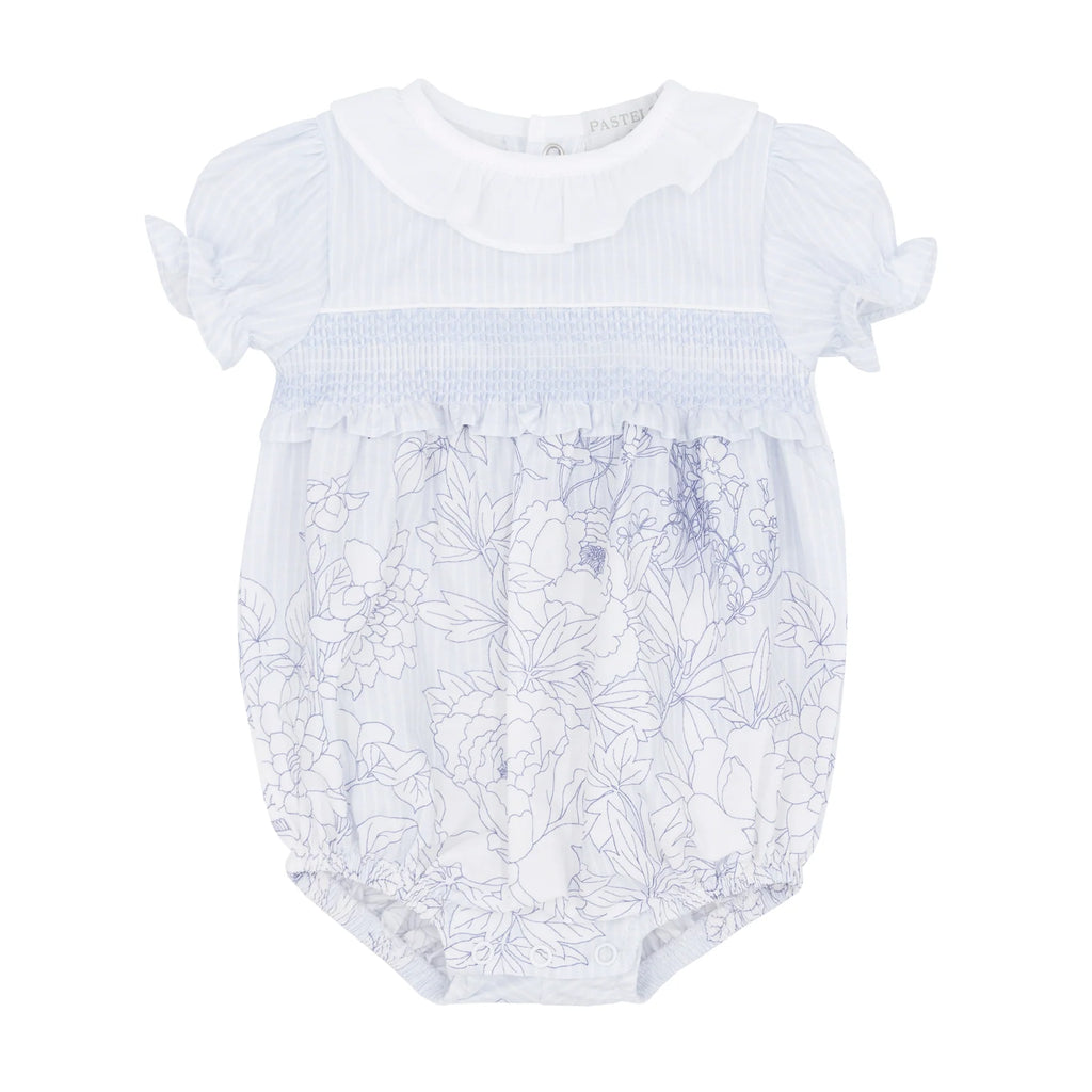 Pastels & Co Baby Girls Blue Floral Smocked Romper Lexi