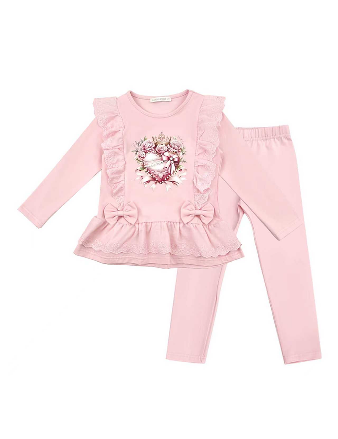 Girls Pink Ruffle Top and Legging Set Heart Design
