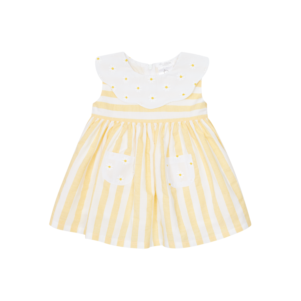 Deolinda Girls Lemon Striped Dress with Daisy Detail