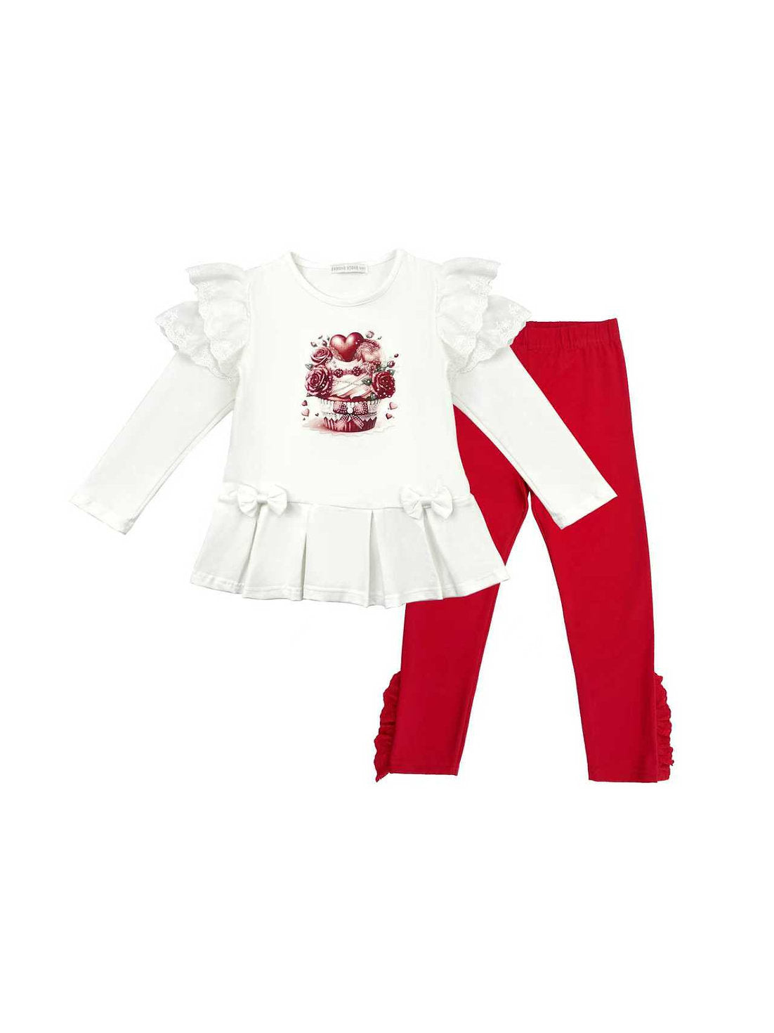 Girls White Ruffle Top and Red Legging Set Cupcake Design